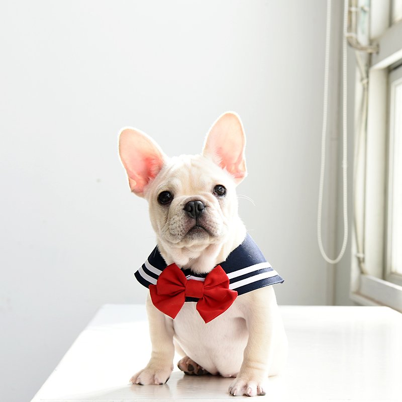 日式經典制服水手領--兩種穿搭、附蝴蝶結或水手結 - 貓狗頸圈/牽繩 - 棉．麻 藍色