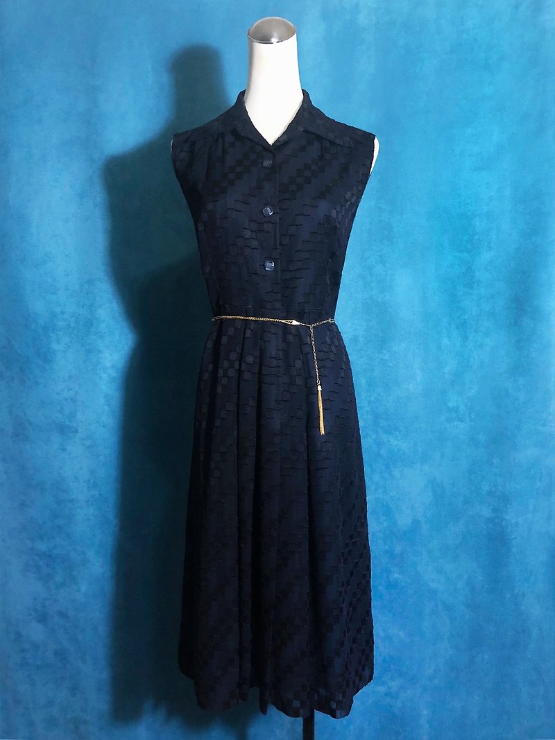 Blue & Black Textured Sleeveless Light Antique Dress / Brought Back VINTAGE Abroad - One Piece Dresses - Polyester Black