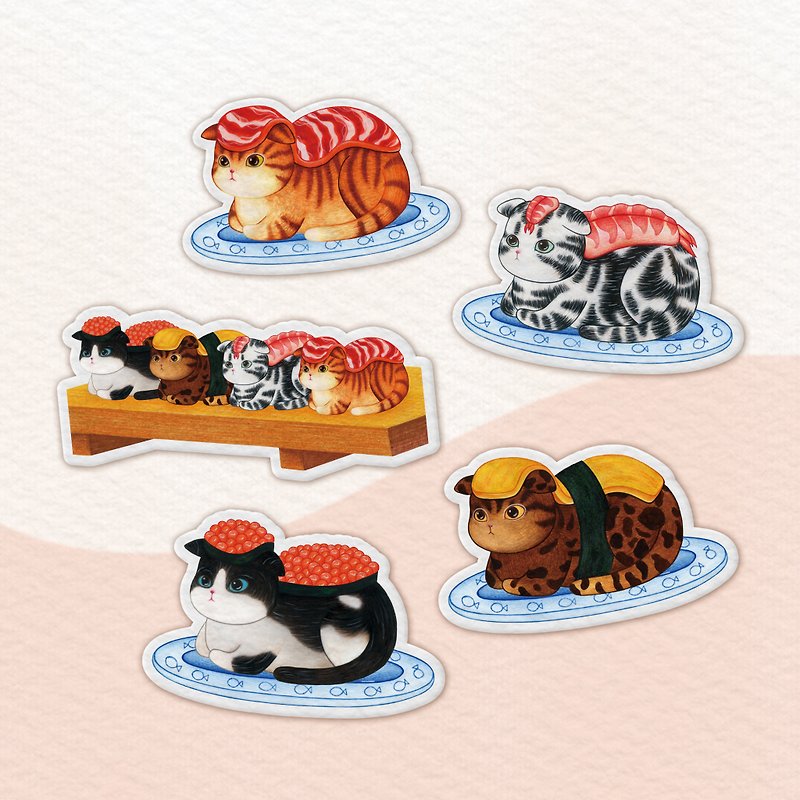 Meow Sushi-5 stickers - การ์ด/โปสการ์ด - กระดาษ หลากหลายสี