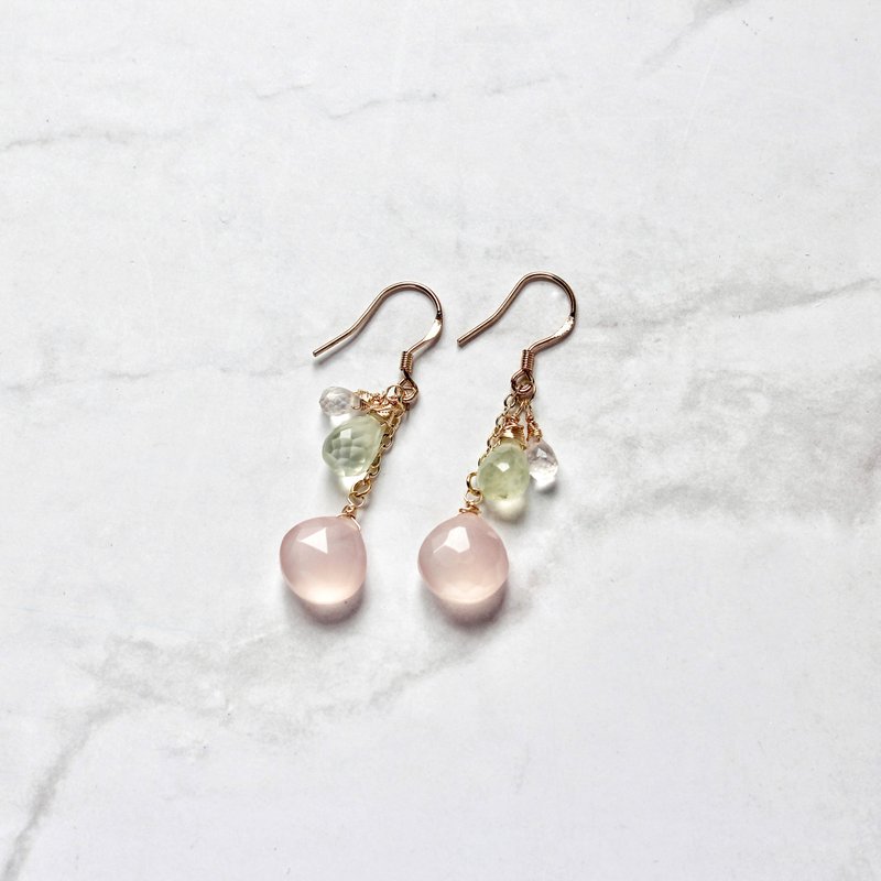 Pink sweet heart-shaped chalcedony 925 silver ear hook earrings - ต่างหู - เครื่องประดับพลอย สึชมพู