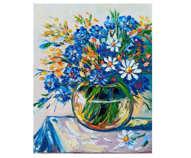 デイジー油絵花瓶のヤグルマギクオリジナルアートフラワー デイジー油絵花瓶のヤグルマギクオリジナルアートフラワー