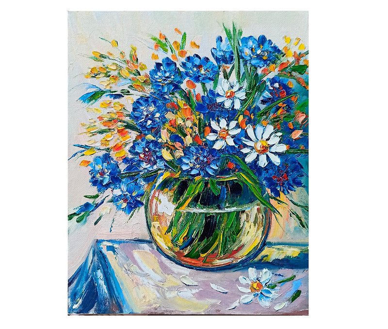 Daisy Oil Painting Cornflower in vase Original Art Flower Wall Art 布面油畫 - โปสเตอร์ - ผ้าฝ้าย/ผ้าลินิน หลากหลายสี