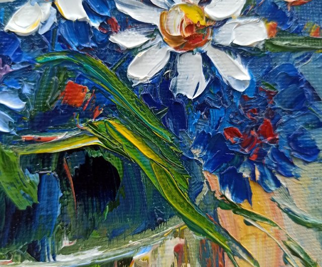 デイジー油絵花瓶のヤグルマギクオリジナルアートフラワー
