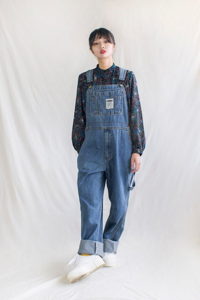 Big boy wind multi-pocket vintage strap jeans - จัมพ์สูท - วัสดุอื่นๆ สีน้ำเงิน