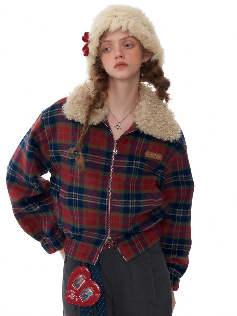 ziziFei autumn and winter new American retro design short red and blue plaid fur collar plus velvet plaid coat for women - Women's Tops - Other Materials Red