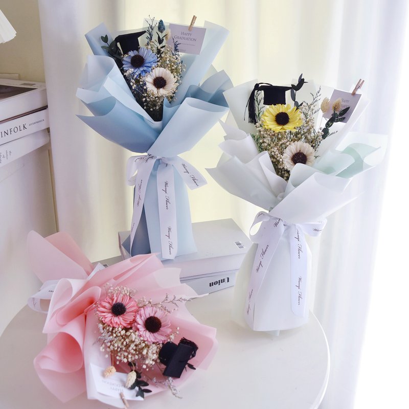 陽光向日葵畢業花束 永生花 乾燥花 畢業禮物  擴香 生日禮物 - 乾燥花/永生花 - 植物．花 藍色