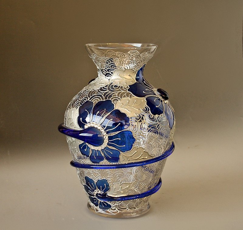Glass Vase Blue Flowers Hand Painted - Dried Flowers & Bouquets - Glass Blue