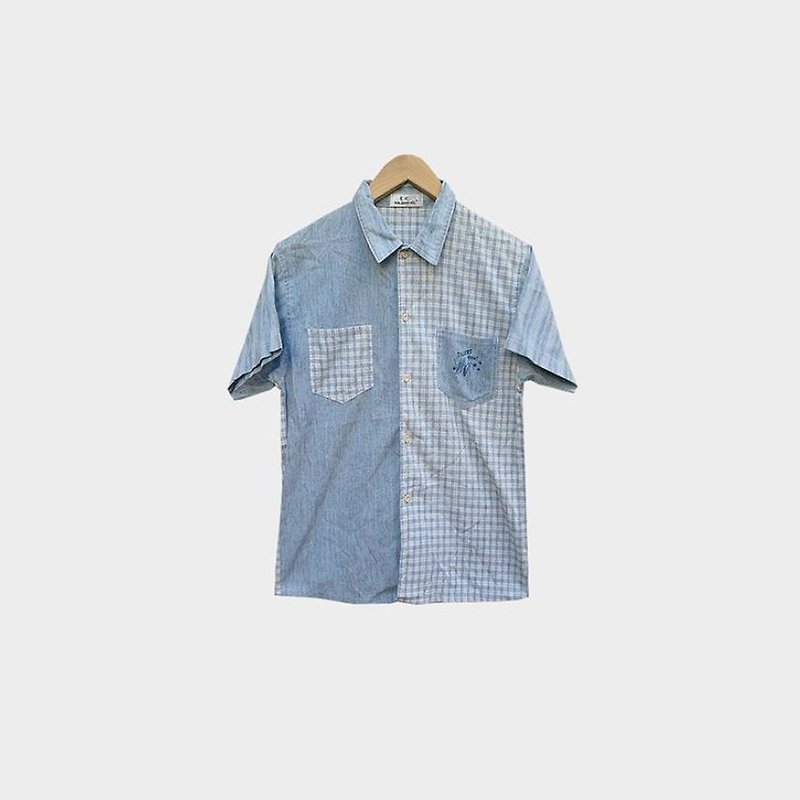 脫臼古著 /拼接格紋襯衫 no.071E1  vintage - 恤衫 - 棉．麻 藍色