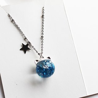 Rosy Garden cat shape with blue crystals water inside glass ball necklace