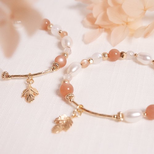 歆飾 Hsin Jewelry 金色暖秋│橙月光 月光石 天然淡水珍珠 粉晶 水晶手鍊