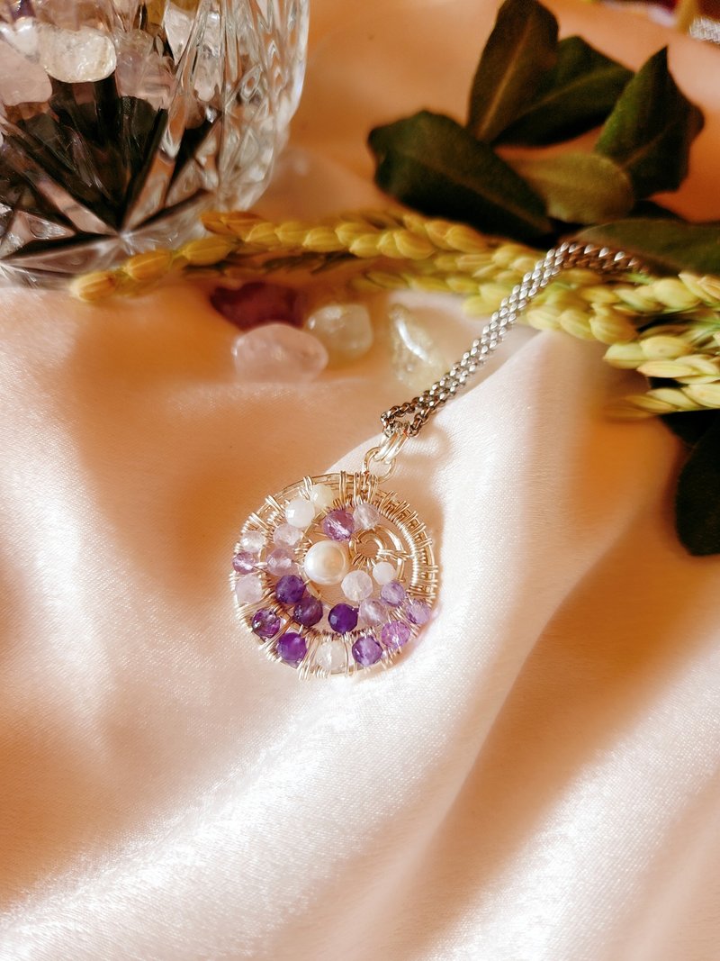 Psychedelic Mandela - Amethyst [Social Stone] │ White Moonstone. braided metal necklace - สร้อยคอ - เครื่องประดับพลอย สีม่วง