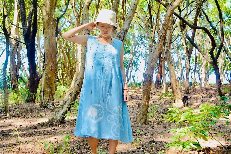 Japanese-style temperament | environmental protection, love the earth, protect marine life, green fashion, long ocean clothes - One Piece Dresses - Cotton & Hemp Blue