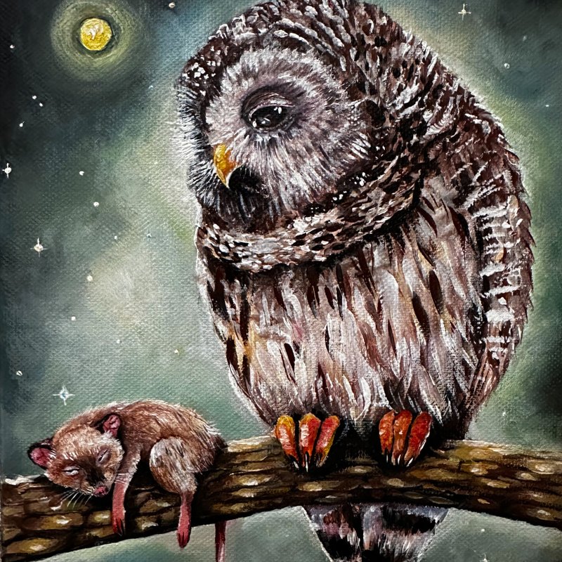 Owl original painting on canvas Owl and Mouse Owl wall art Forest art Owl poster - 壁貼/牆壁裝飾 - 棉．麻 多色