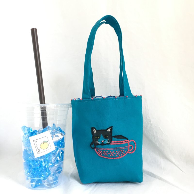 カフェバッグ　カップ猫 - 手提包/手提袋 - 棉．麻 藍色