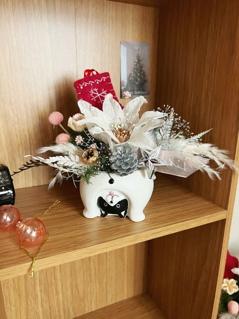 [Christmas Gift Box] flower-of-life Christmas Shiba Inu potted flower immortalized Christmas decoration Christmas - ช่อดอกไม้แห้ง - พืช/ดอกไม้ สีเงิน