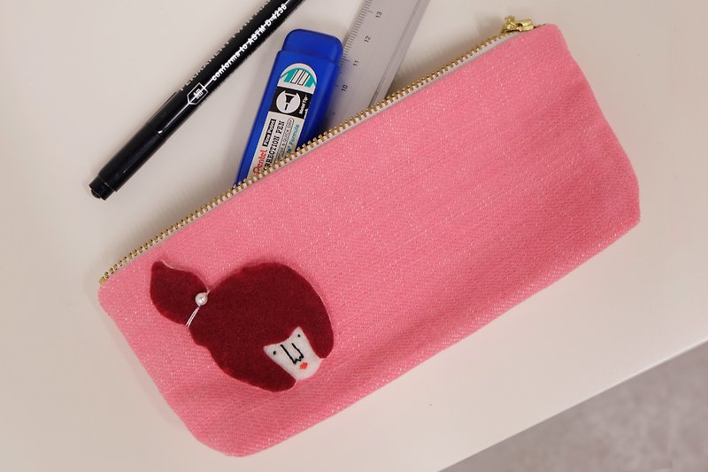 Missy Hairy Collection / Japanese Denim Fabric Pencil Case - กระเป๋าเครื่องสำอาง - ผ้าฝ้าย/ผ้าลินิน สึชมพู