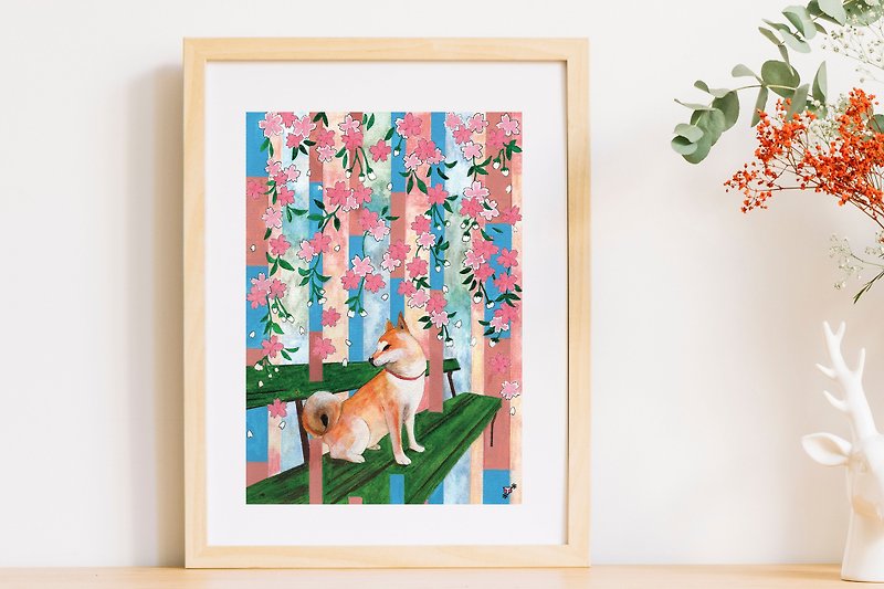 Japan A4 Poster // Shiba and Sakura Art Print // Japan Decor Painting - โปสเตอร์ - กระดาษ สึชมพู