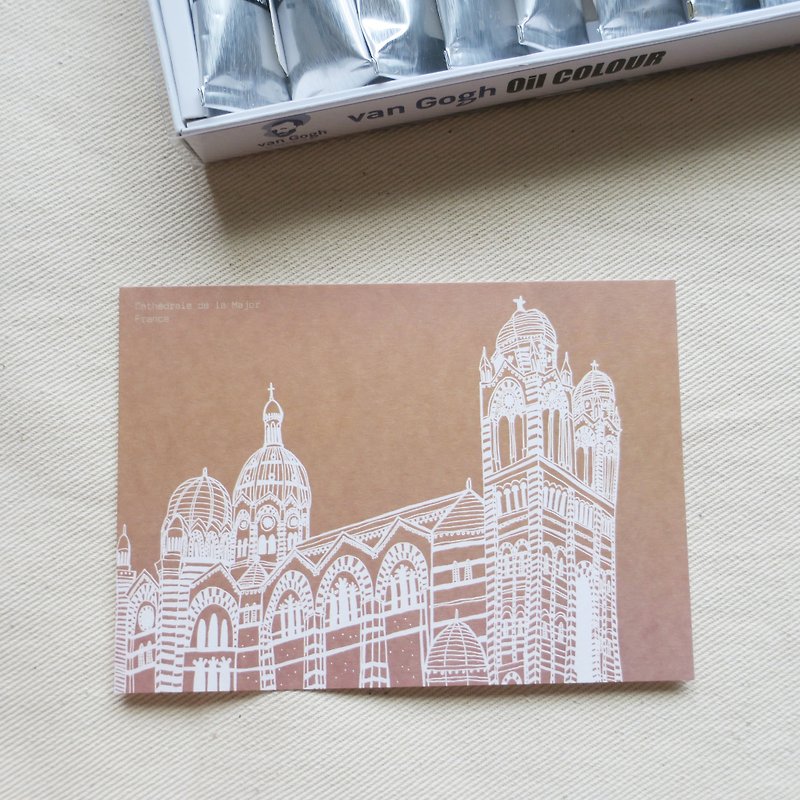 旅行風景法國-馬賽教堂插畫明信片 - 心意卡/卡片 - 紙 咖啡色