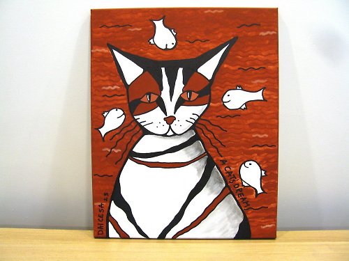 DCS-Art Funny cat and fishes portrait acrylic painting on canvas home wall decoration