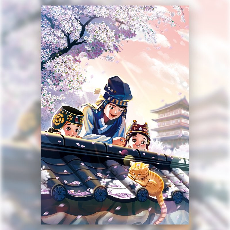 three siblings and a cat - girl Korean Hanbok illustrated postcard (uha) - 卡片/明信片 - 紙 多色