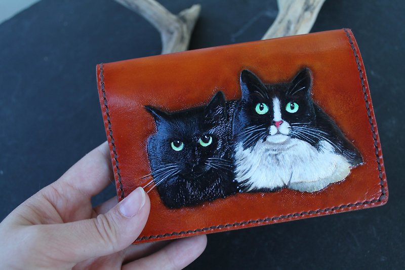 真皮 長短皮夾/錢包 多色 - 皮革錢包上的貓肖像、定制皮革錢包、寵物愛好者禮物