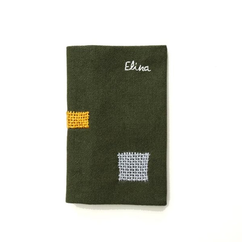 Darning embroidered geometric pattern hand-embroidered business card holder business card cover - ที่เก็บนามบัตร - ผ้าฝ้าย/ผ้าลินิน สีเขียว