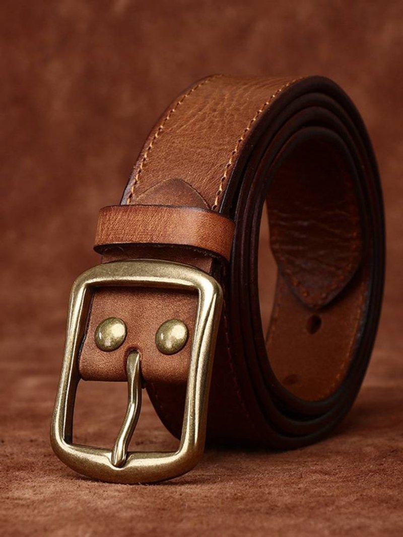3.3寬 手工復古頭層牛皮男士百搭休閒皮帶男真皮針扣牛仔褲腰帶 - 皮帶/腰帶 - 真皮 咖啡色