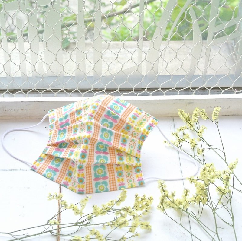 25%OFF | handmade mask Flower stripes Green Orange 刺繡緞帶 | Environmental products - หน้ากาก - ผ้าฝ้าย/ผ้าลินิน สีส้ม