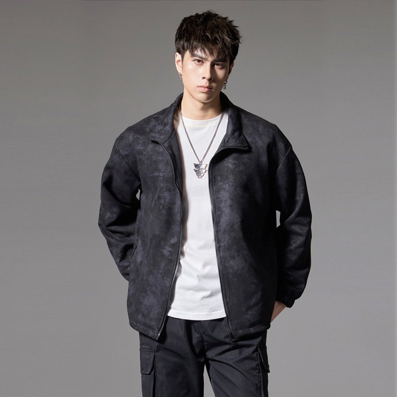 Fall men's tie-dye stand collar jacket casual jacket jacket - เสื้อโค้ทผู้ชาย - เส้นใยสังเคราะห์ สีดำ