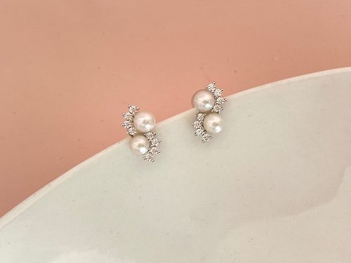 Athena珍珠設計 波Akoya 海水珍珠 滿鑲 純銀 雙珠 耳環