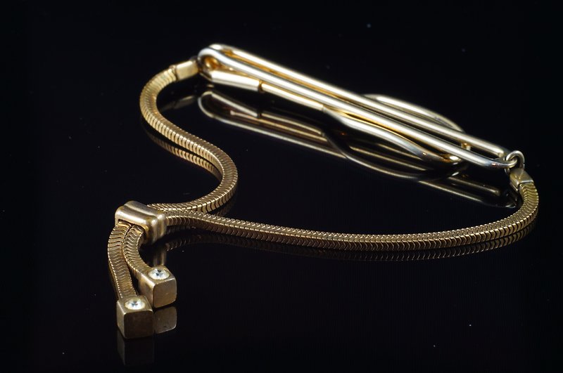 [C'est Cufflinks] SWANK vintage rhinestone chain tie clip - Cuff Links - Other Metals Gold