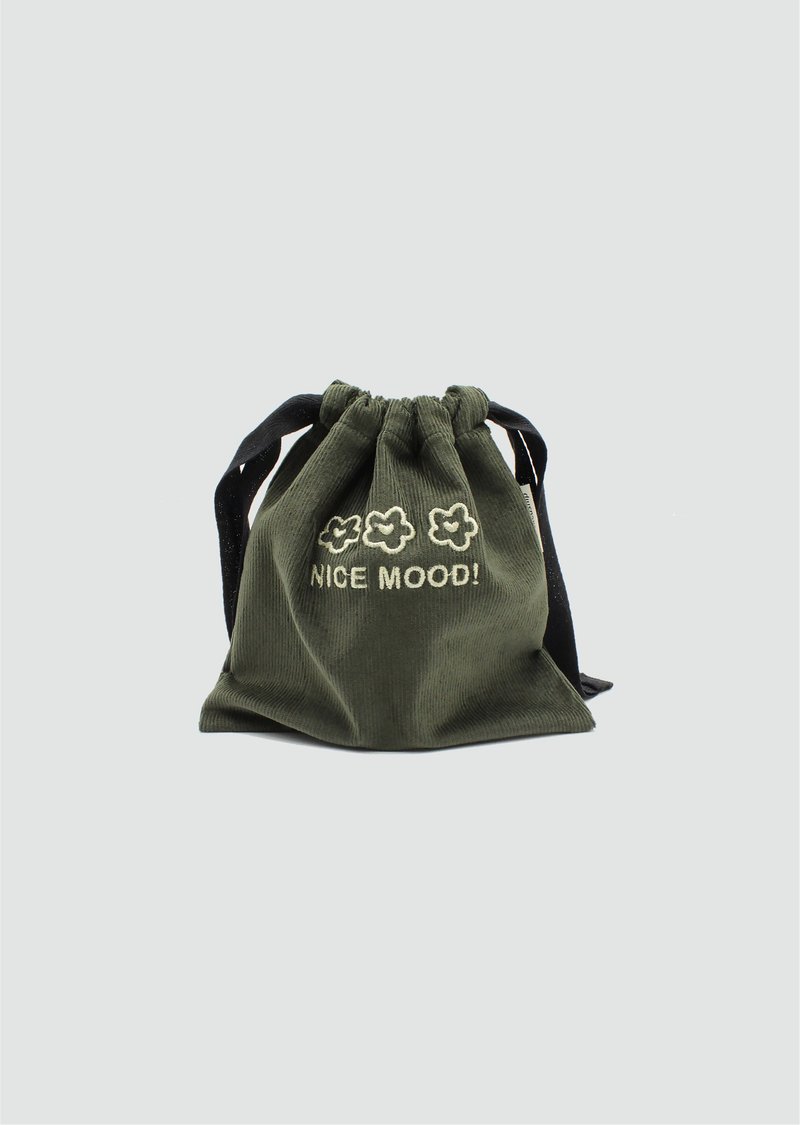 Corduroy Embroidered Drawstring Pocket - Dark Green - กระเป๋าหูรูด - ผ้าฝ้าย/ผ้าลินิน สีเขียว