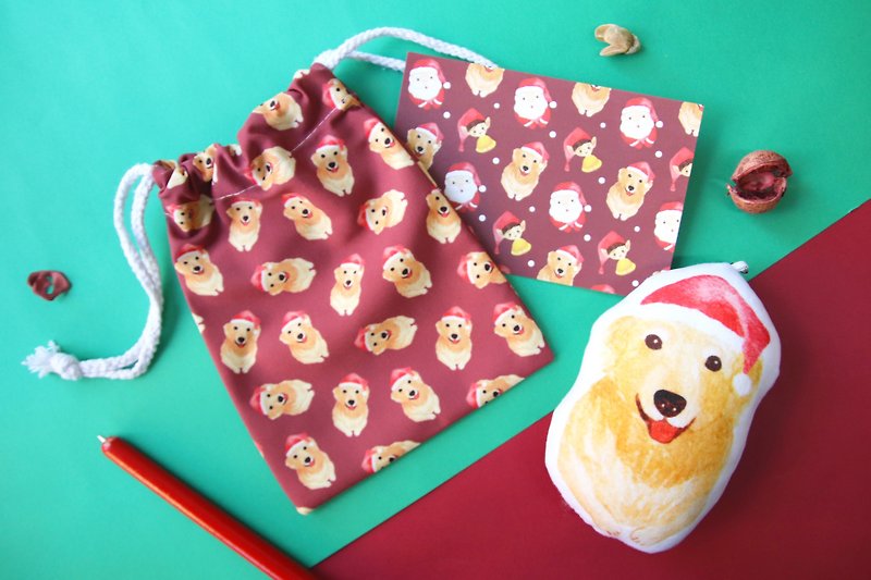 黃金獵犬 聖誕禮品套裝 毛絨公仔 拉繩小布袋 明信片 金毛尋回犬 - 其他 - 棉．麻 