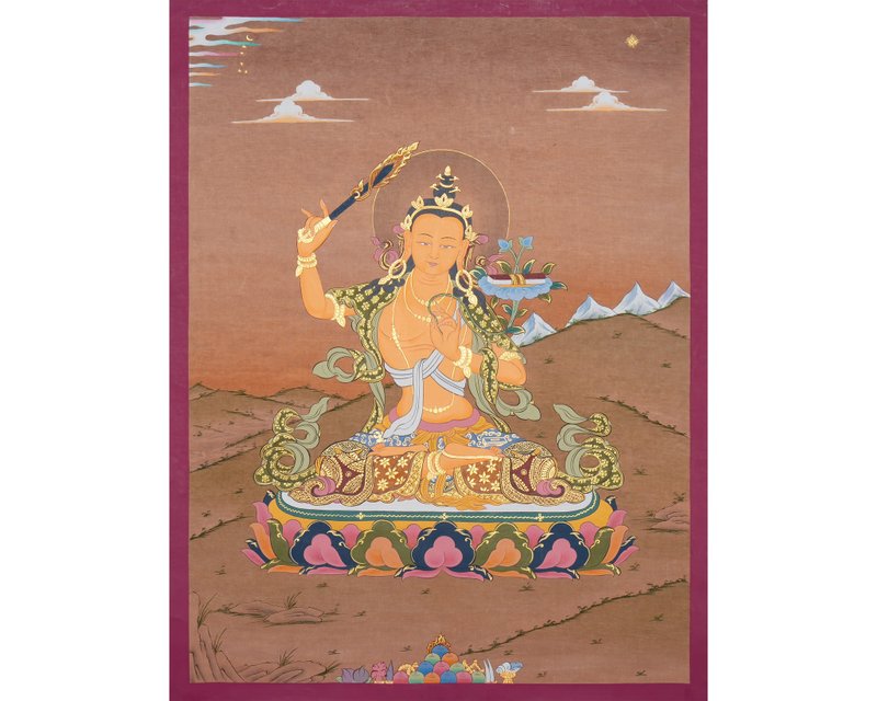 Manjushri Bodhisattva Thangka Divine Meditator Handcrafted Wisdom Symbol - Wall Décor - Other Materials Multicolor