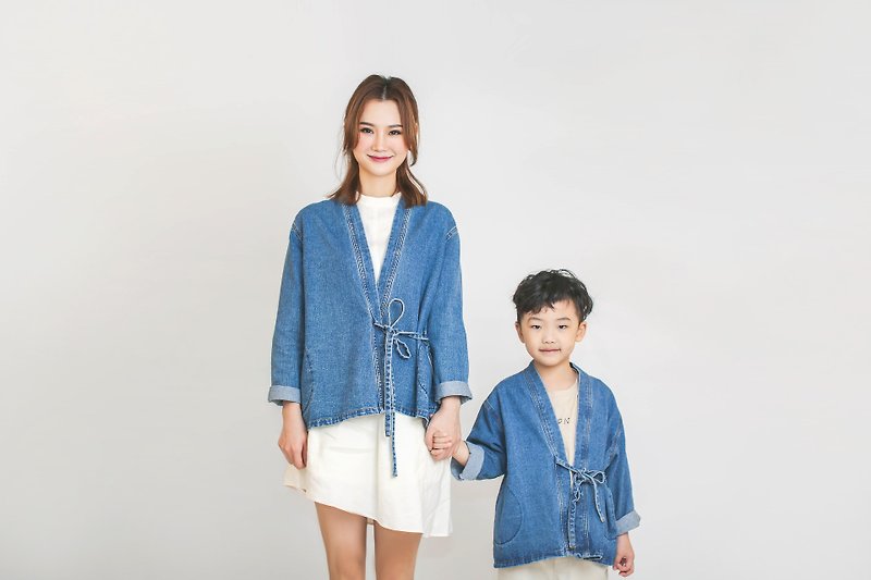 Twinning Denim Kimono Jacket - ชุดครอบครัว - ผ้าฝ้าย/ผ้าลินิน สีน้ำเงิน