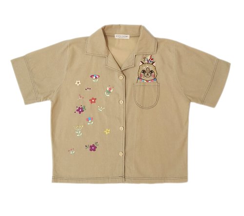 gailstudio Hawaiian shirt, cream-colored, hand-embroidered, cat, bird, flower lover pattern design.
