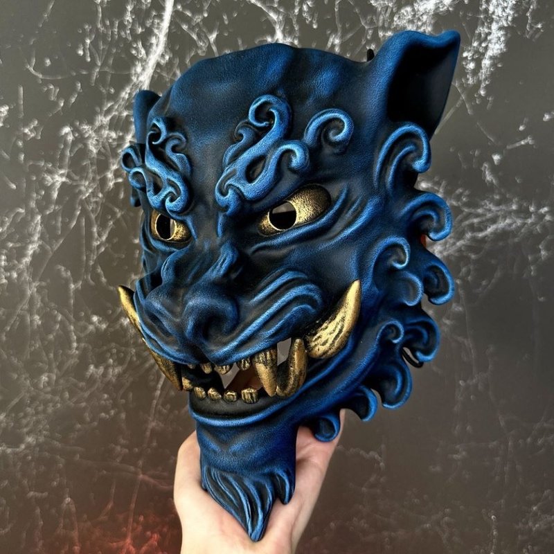 Blue Komainu mask, Lion-Dog mask, Chinese Tiger mask, Foo Dog Mask, Bear mask - 口罩/口罩收納套 - 樹脂 藍色