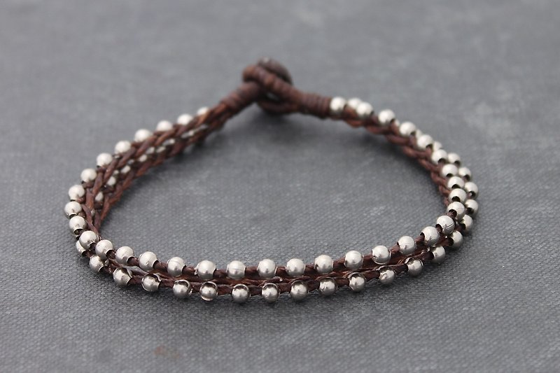 Silver Beads Men Women Bracelets Unisex Basic Woven Cord Handmade - Bracelets - Cotton & Hemp Brown