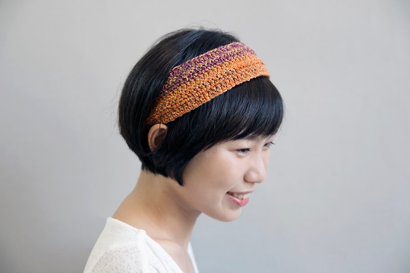 編織雙色髮帶-紫紅秋葉橘 - 髮飾 - 棉．麻 橘色