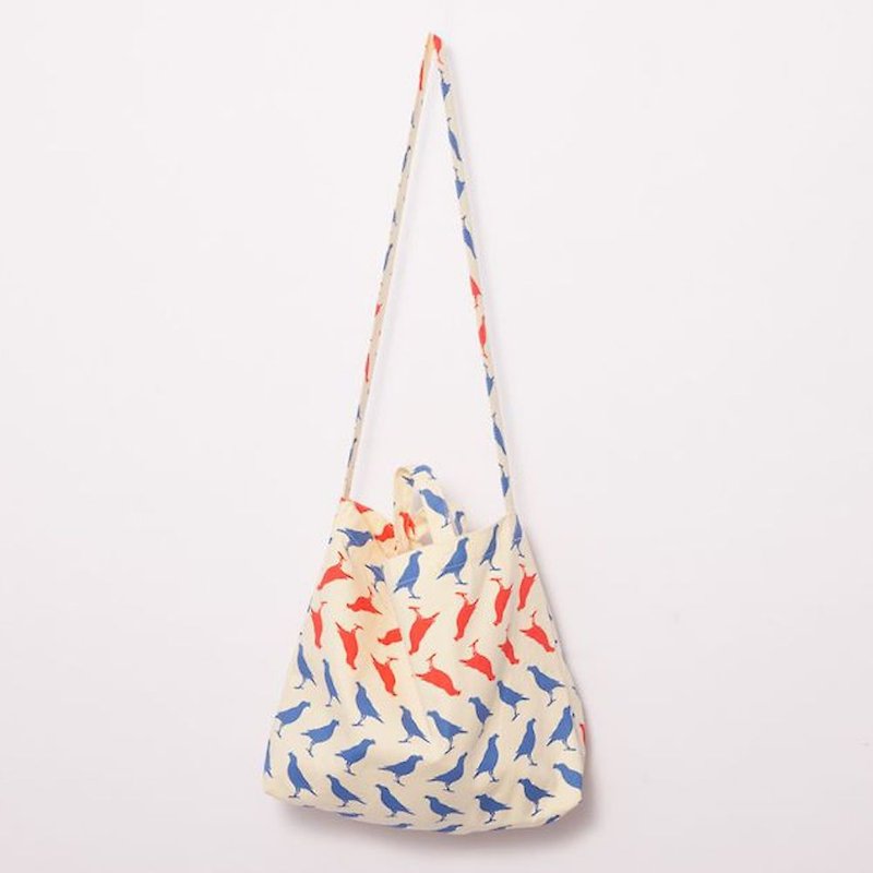 "A" Shopper Bag / Crested Myna No.5 / Red & Blue - Messenger Bags & Sling Bags - Cotton & Hemp 