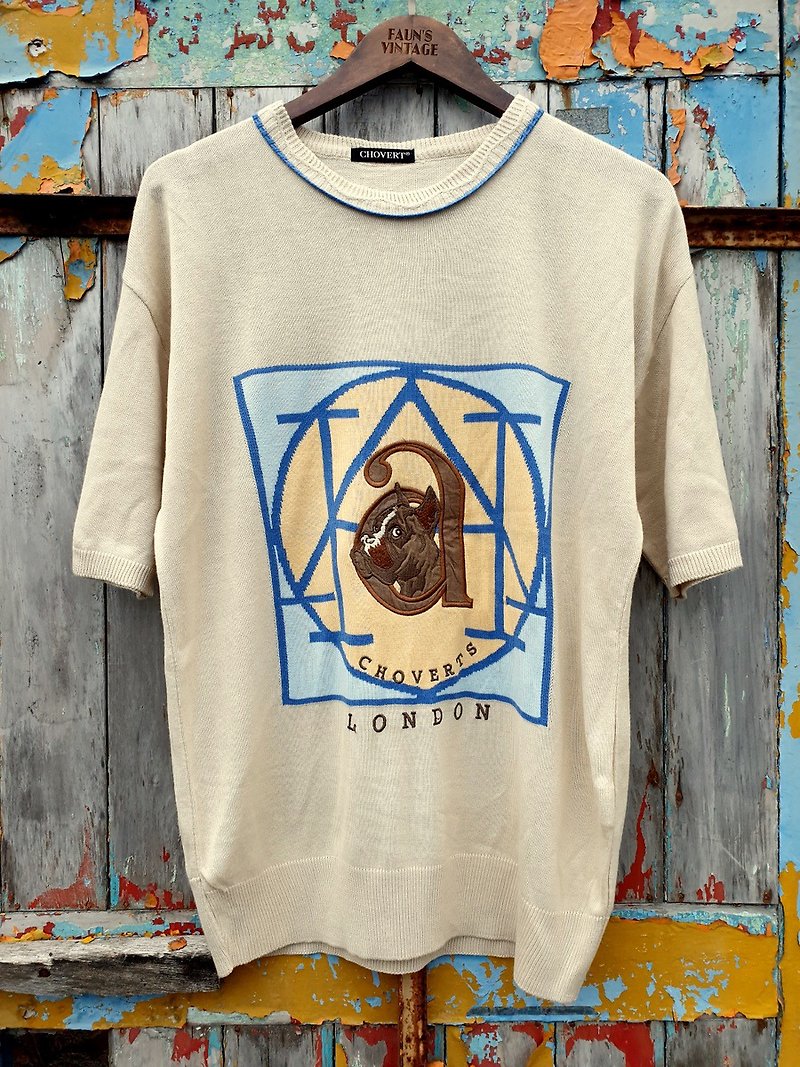 Little tortoise Ge Ge-Electric Embroidered Beige Summer Knit - Men's T-Shirts & Tops - Cotton & Hemp 