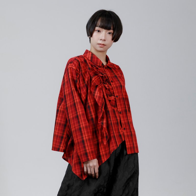 Ruffled asymmetrical plaid shirt - Women's Shirts - Cotton & Hemp Red