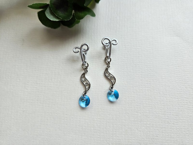 [Style] Silver, blue ~ painless Clip-On, clip-on earrings, ear hooks ~ SW elements - ต่างหู - วัสดุอื่นๆ สีเงิน