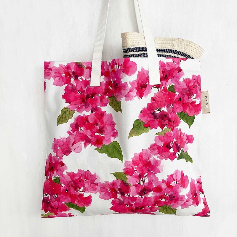 Tote Bag Bougainvillea Bougainvillea Cotton Fabric Handbag - กระเป๋าถือ - ผ้าฝ้าย/ผ้าลินิน สึชมพู