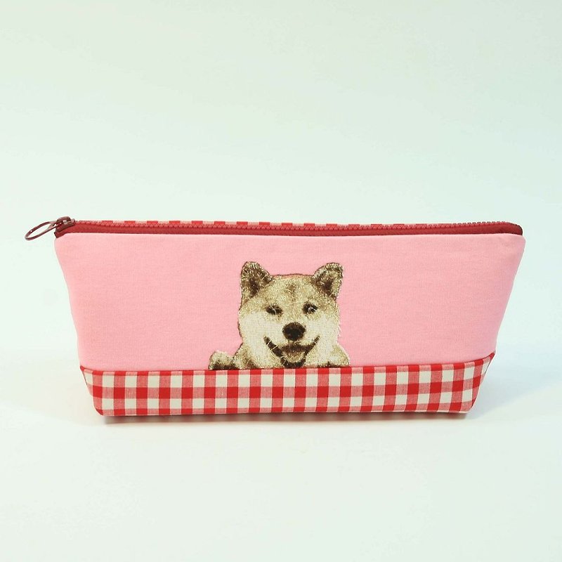 刺繡 筆袋11-柴犬 - 筆盒/筆袋 - 棉．麻 紅色
