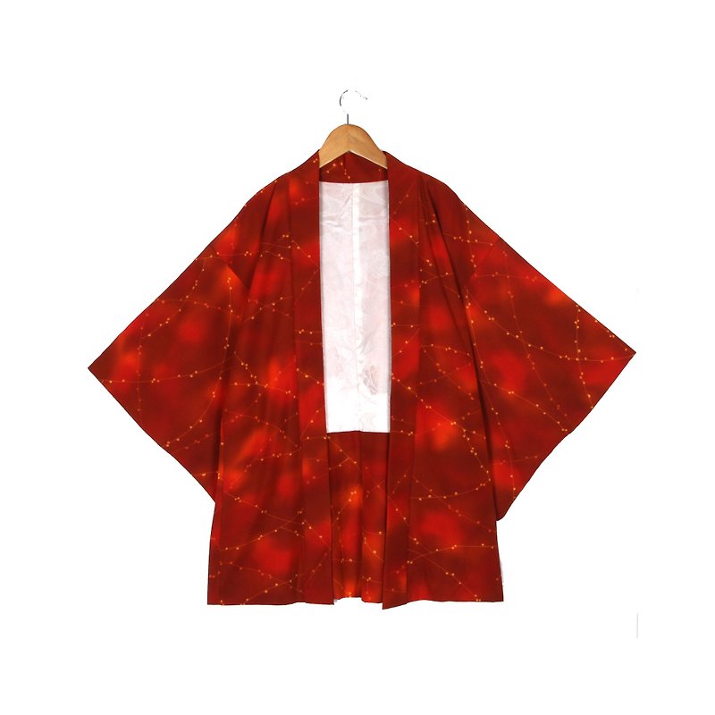 [ヴィンテージ]ナス夏祭り花火は、ヴィンテージの着物の羽織を印刷します - オーバーオール - ポリエステル レッド