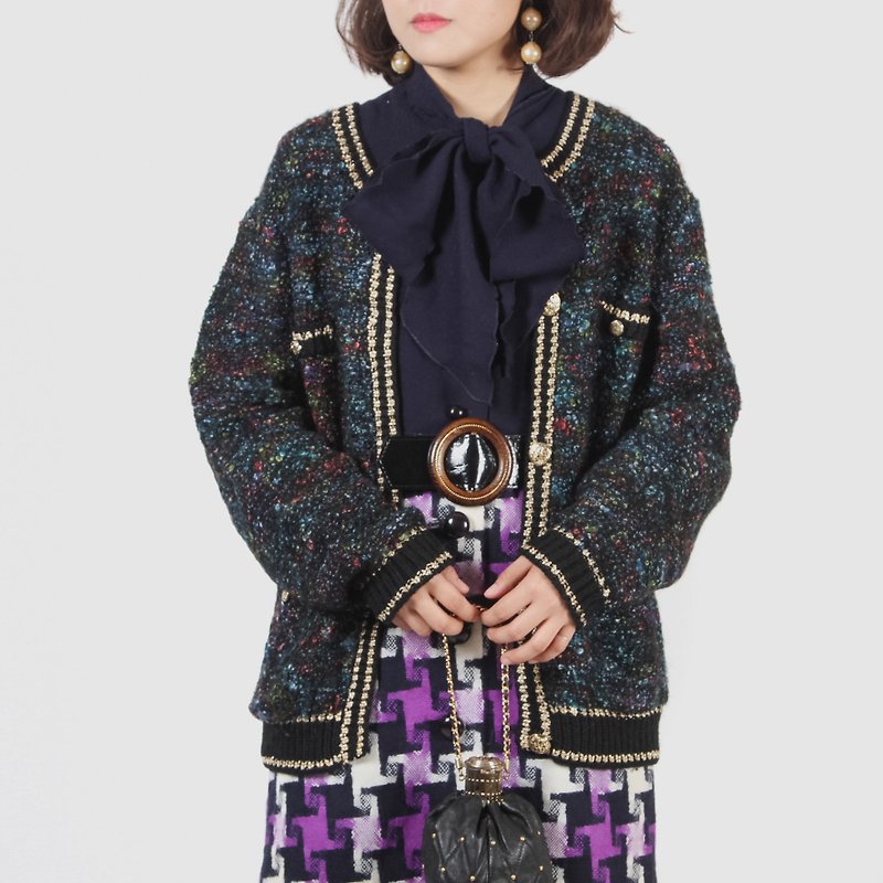 [Egg plant ancient] ancient castle female color mixed vintage cardigan sweater coat - Women's Sweaters - Wool Black