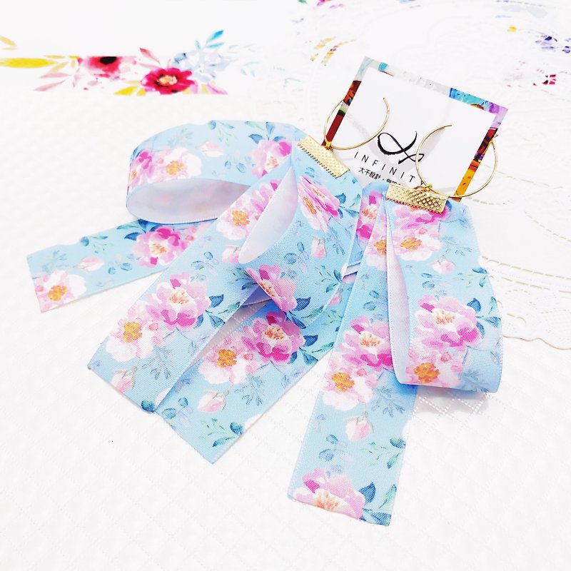 Daqian design beautiful peony ribbon bow earrings earrings gift lover - ต่างหู - ผ้าฝ้าย/ผ้าลินิน สีน้ำเงิน