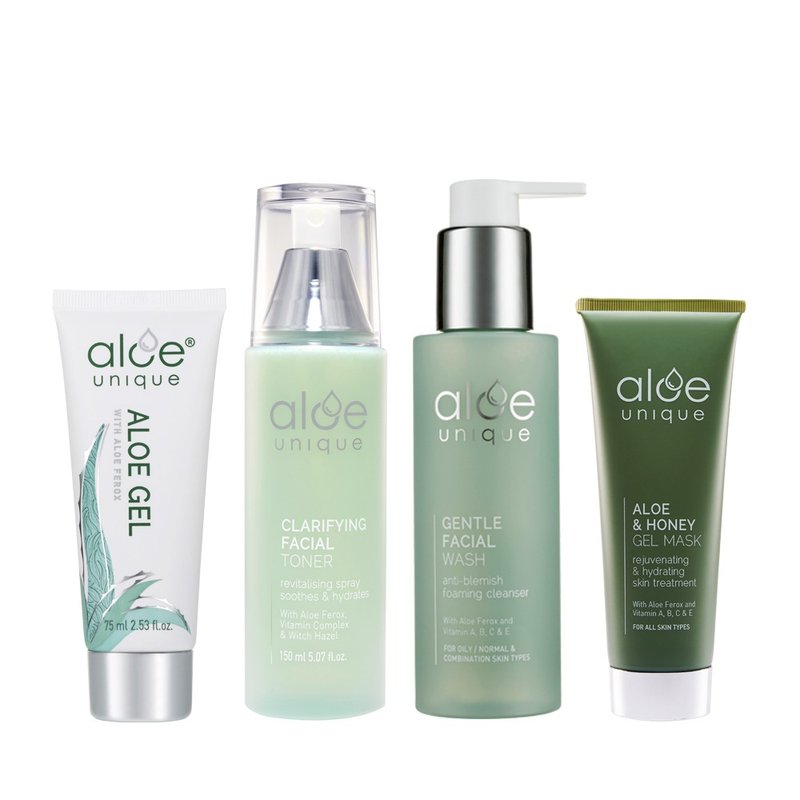 Unique aloe vera gel 75ml + lotion 150ml + cleansing gel 150ml + facial mask 75ml 4-piece set - โทนเนอร์/สเปรย์ฉีดหน้า - สารสกัดไม้ก๊อก สีเขียว