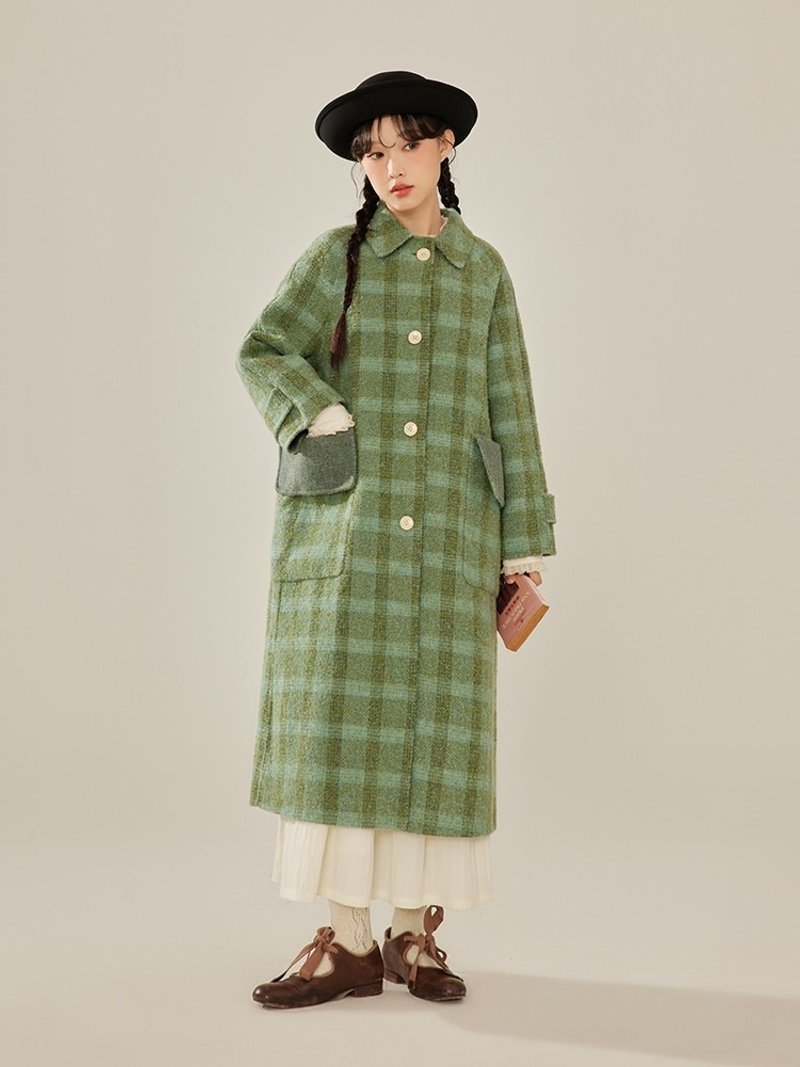 Forest winter green plaid double-sided coat long winter warmth - Women's Casual & Functional Jackets - Wool Green